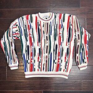 VTG North Wales 3D Textured Coogi Like Crew Neck Sweater L White Colorful Knit